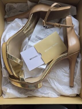 Oris Gold and Tan Platform Ankle-Strap Heels